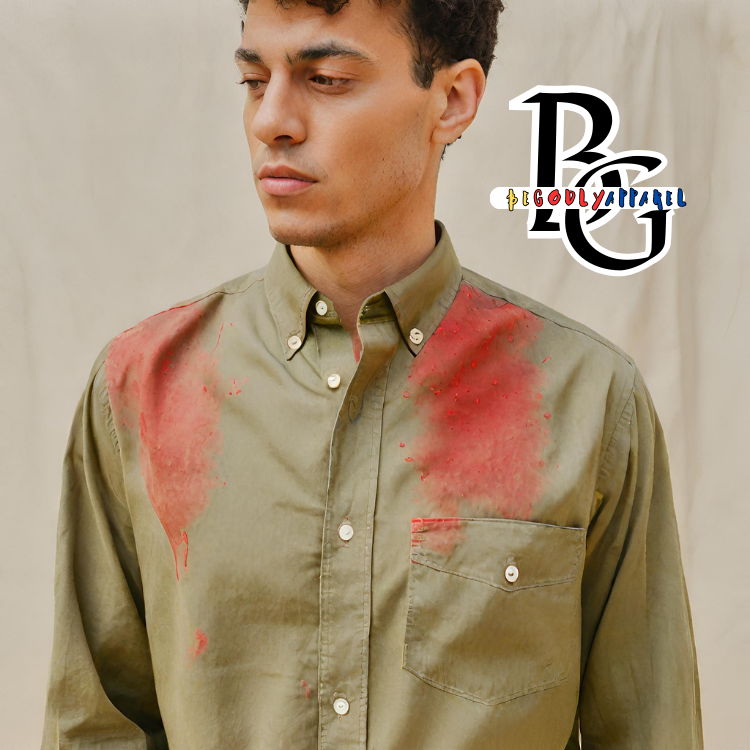 MEN'S & WOMEN'S "RED PAINT" BUTTON DOWN LONG SLEEVE KHAKI SHIRT (ALL SIZES)
